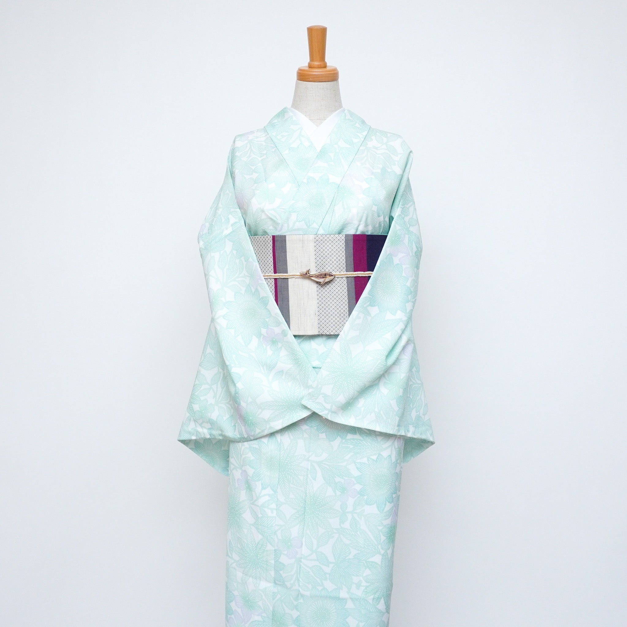 プレタ夏着物 ひまわり小紋(ミントグリーン )|単衣|バチ衿|生地・縫製 日本|吸汗速乾|素材:ポリエステル100% (東レ セオα)|手洗い 洗濯機可