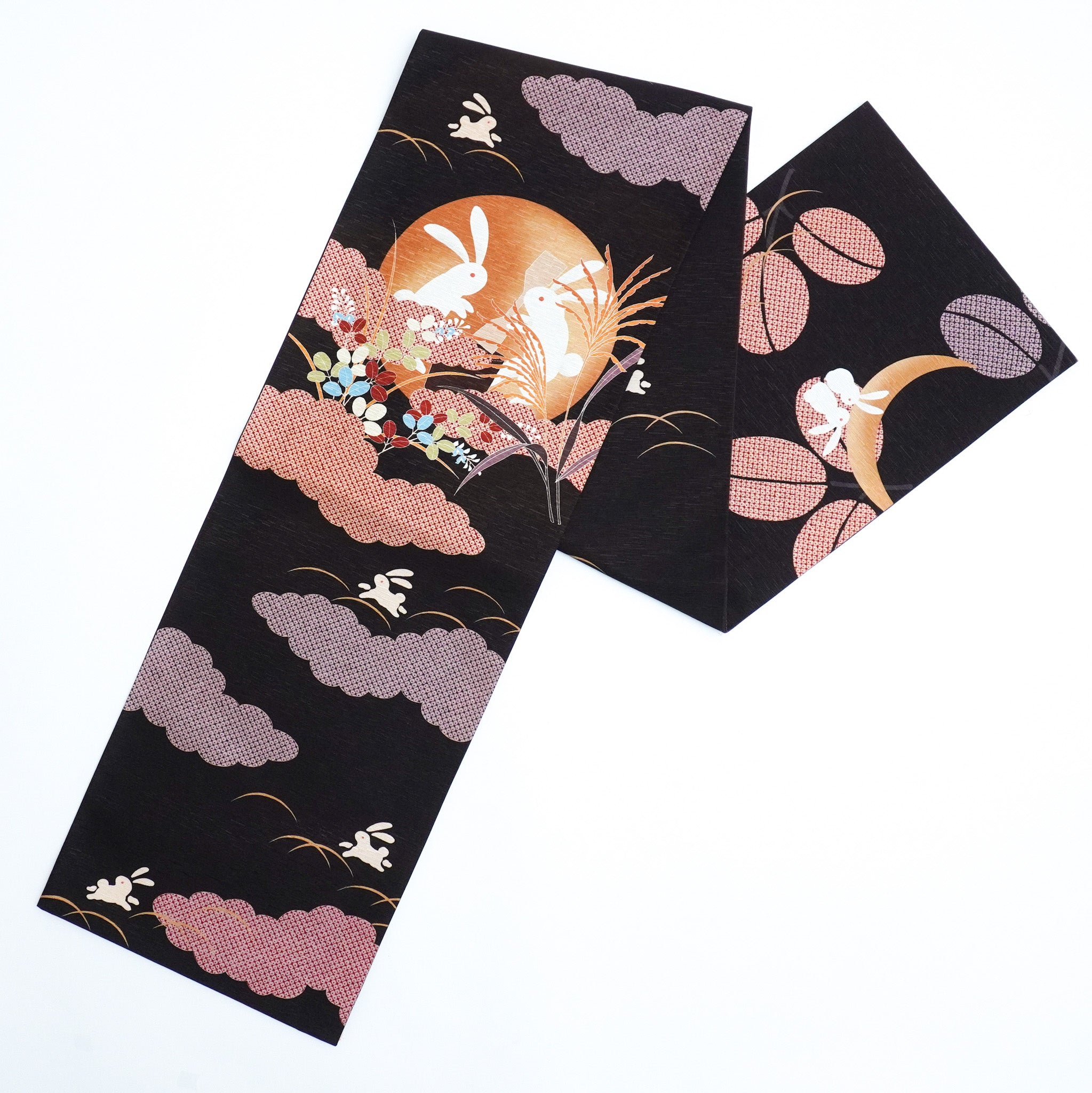 京袋帯 9月/うさぎのお月見(こげ茶)|オンラインショップ限定|受注生産|長月|お月見|十五夜|満月|餅つき|秋草|団子|お供え前柄アレンジ|サイズ:長さ約375cm幅約31cm|素材:表地 絹100%裏地 絹綿混|生産:日本
