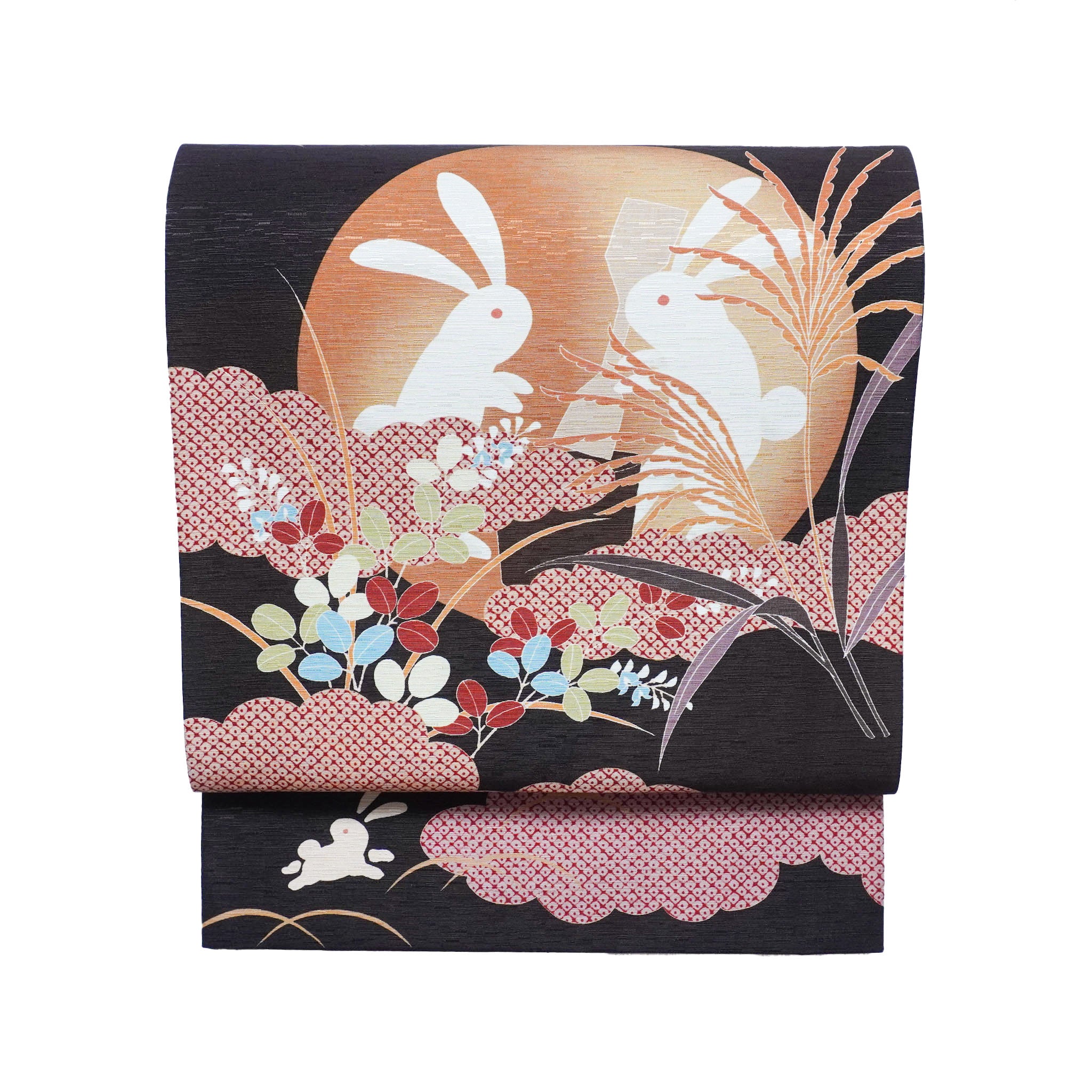 京袋帯 9月/うさぎのお月見(こげ茶)|オンラインショップ限定|受注生産|長月|お月見|十五夜|満月|餅つき|秋草|団子|お供え前柄アレンジ|サイズ:長さ約375cm幅約31cm|素材:表地 絹100%裏地 絹綿混|生産:日本