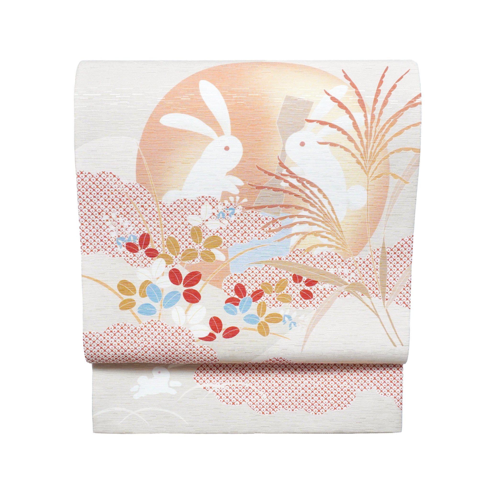 京袋帯 9月/うさぎのお月見(ベージュ)|オンラインショップ限定|受注生産|長月|お月見|十五夜|満月|餅つき|秋草|団子|お供え前柄アレンジ|サイズ:長さ約375cm幅約31cm|素材:表地 絹100%裏地 絹綿混|生産:日本