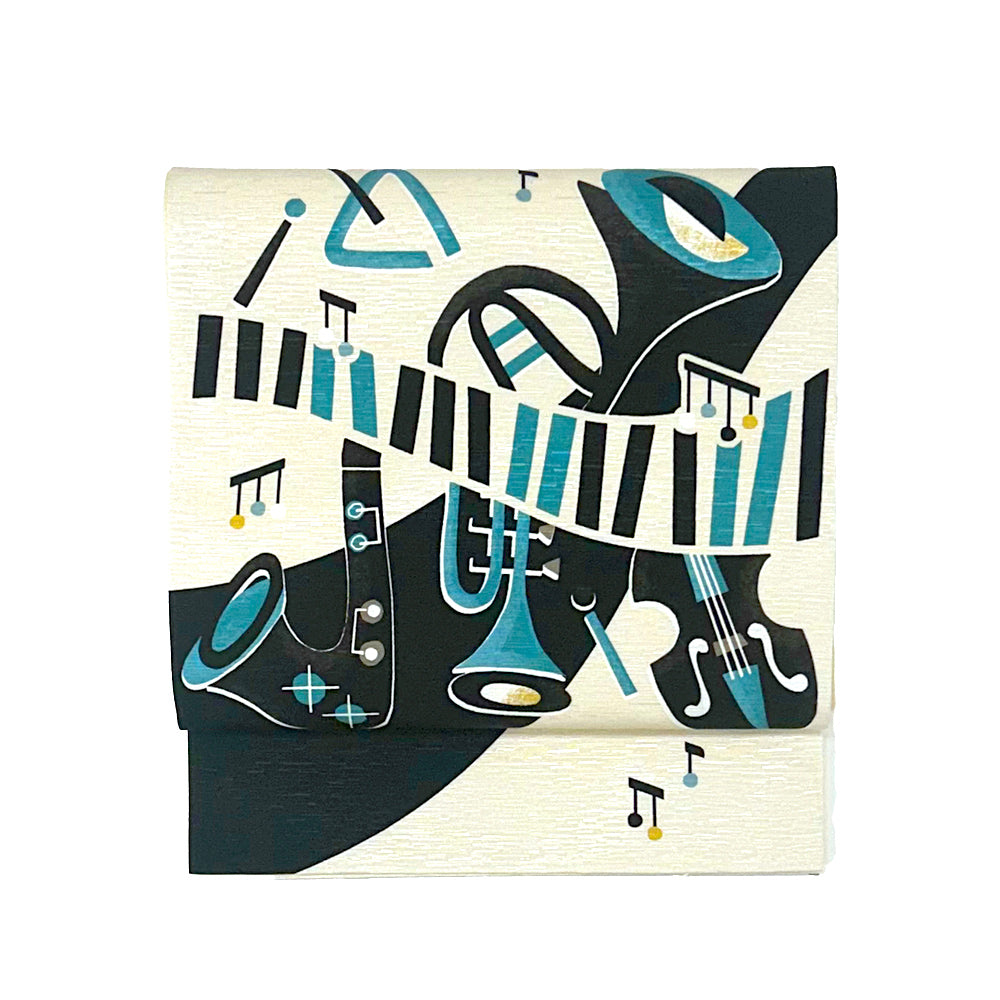 New 京袋帯 JAZZ|トランペット|ホルン|サクソフォンベース|ピアノ|楽器|前柄アレンジ|サイズ:長さ約375cm幅約31cm|素材:表地 絹100%裏地 絹綿混|生産:日本