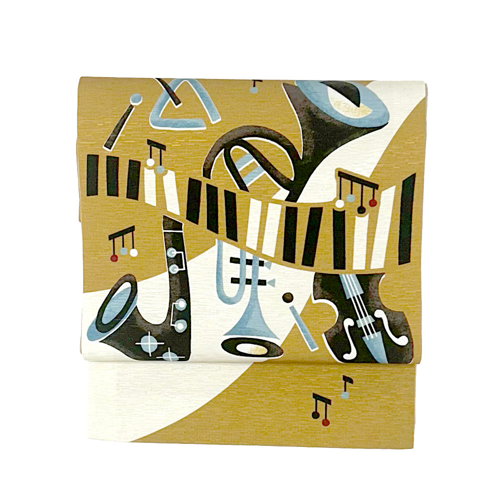 New 京袋帯 JAZZ|トランペット|ホルン|サクソフォンベース|ピアノ|楽器|前柄アレンジ|サイズ:長さ約375cm幅約31cm|素材:表地 絹100%裏地 絹綿混|生産:日本