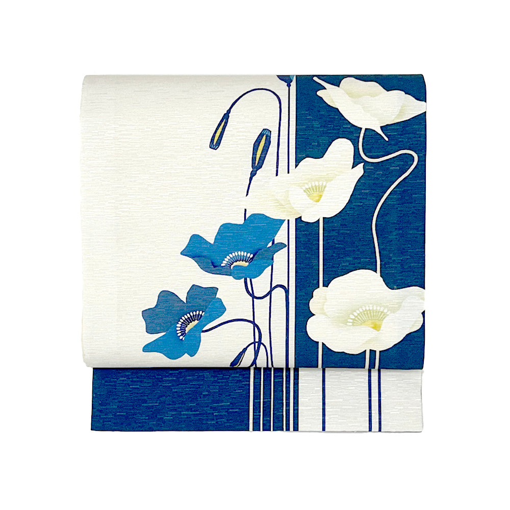 New! 京袋帯 芥子の花|前柄アレンジ|サイズ:長さ約375cm幅約31cm|素材:表地 絹100%裏地 絹綿混|生産:日本