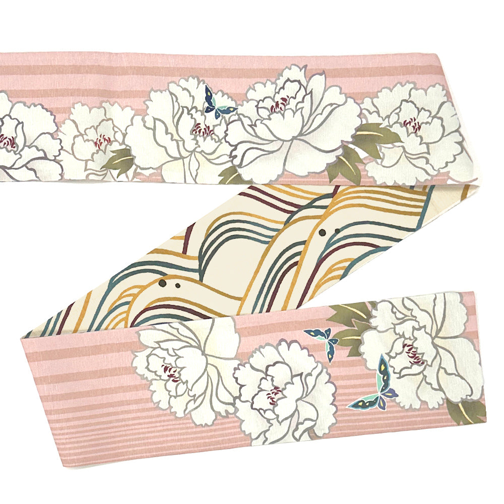 New! 半巾帯 百花王|正絹リバーシブル|浴衣|夏着物|帯|長さ約425cm幅約16.5cm|素材:絹100%|生産:日本