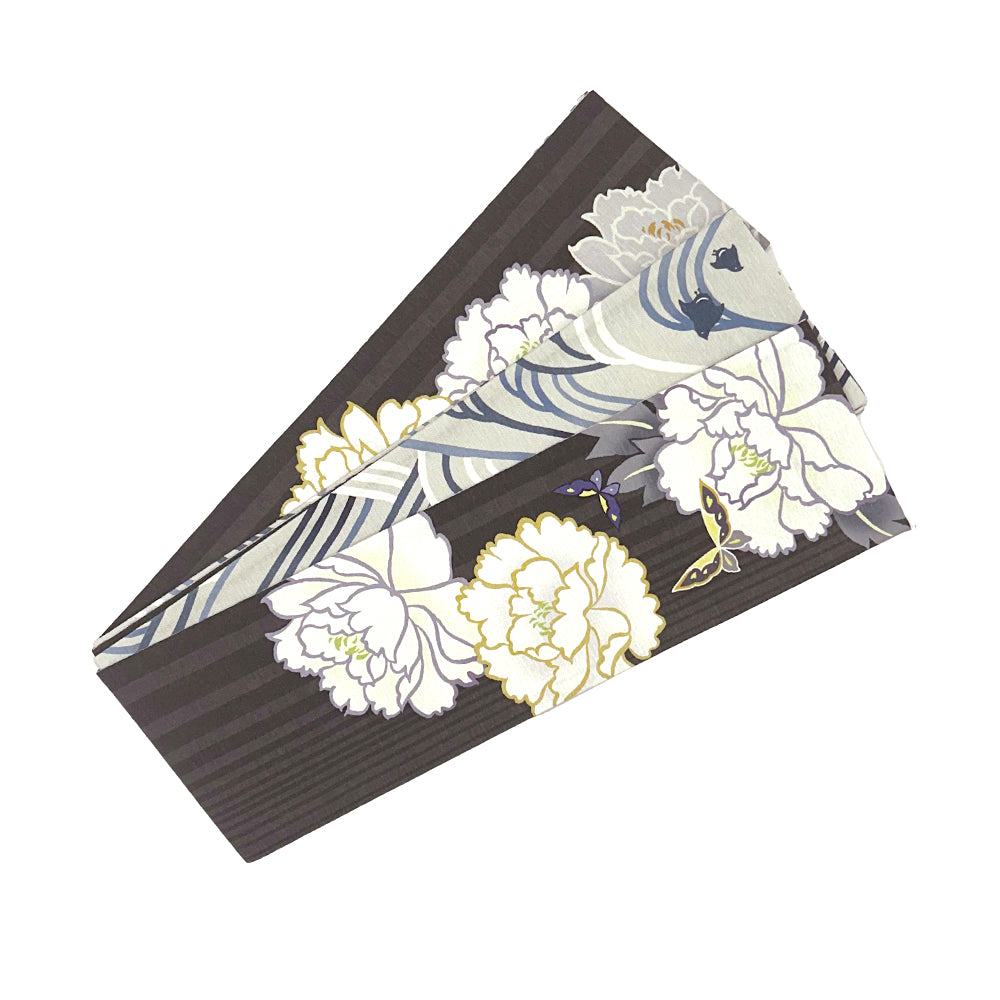 New! 半巾帯 百花王|正絹リバーシブル|浴衣|夏着物|帯|長さ約425cm幅約16.5cm|素材:絹100%|生産:日本