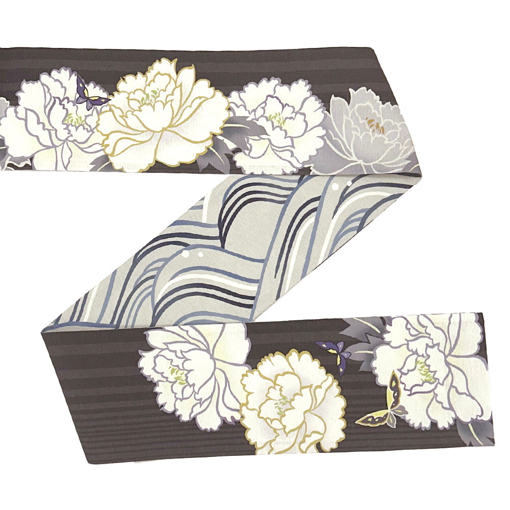 New! 半巾帯 百花王|正絹リバーシブル|浴衣|夏着物|帯|長さ約425cm幅約16.5cm|素材:絹100%|生産:日本