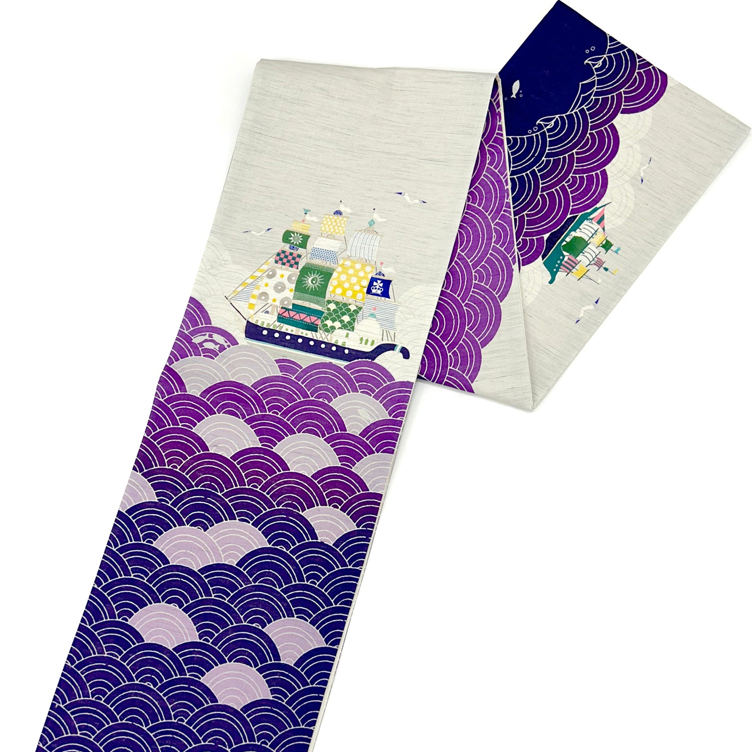 新作!麻京袋帯 ボヤージュ!|七つの海|楽園|帆船|サイズ:長さ約375cm幅約31cm|素材:表地 近江の麻100%