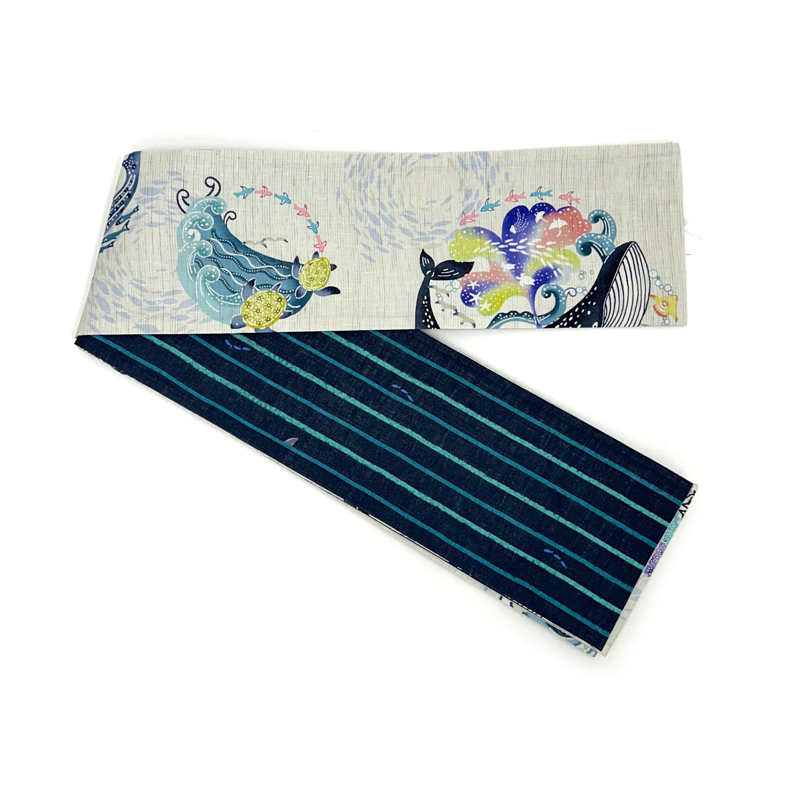 麻半巾帯 オーシャンズ(薄グレー)|前柄アレンジ|サイズ:長さ約425cm幅約16.5cm|素材:表地 近江の麻100%
