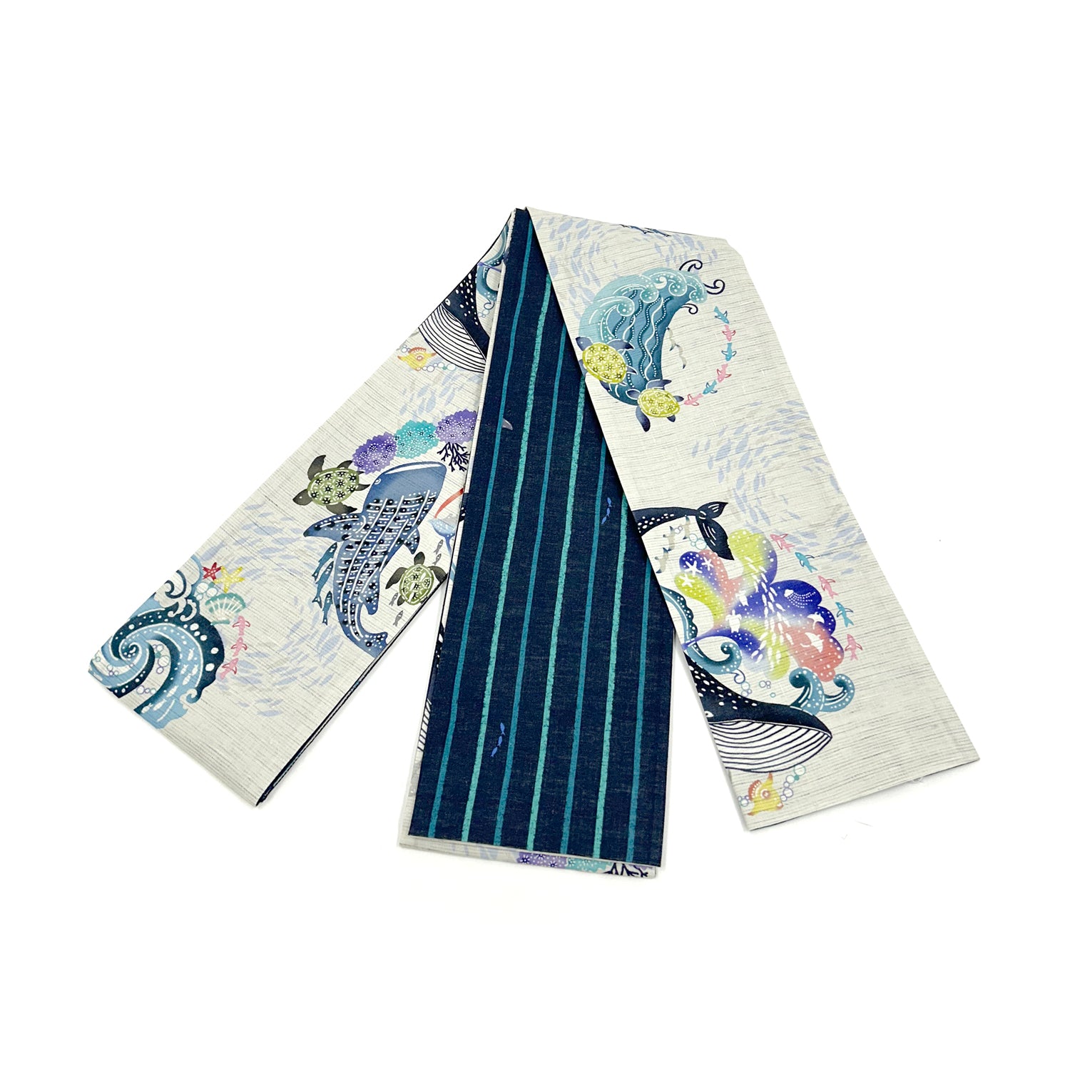 麻半巾帯 オーシャンズ(薄グレー)|前柄アレンジ|サイズ:長さ約425cm幅約16.5cm|素材:表地 近江の麻100%