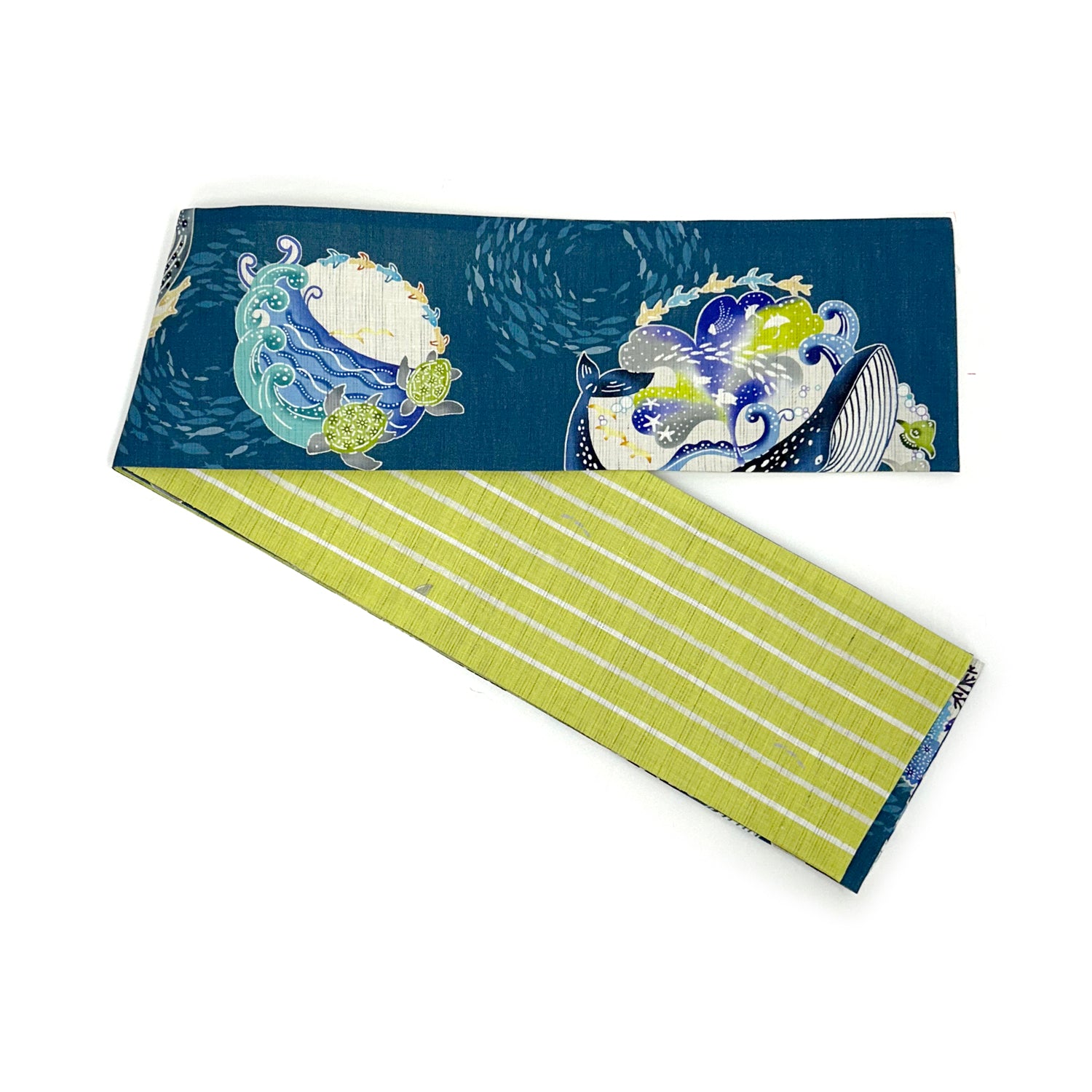 麻半巾帯 オーシャンズ(ブルー)|前柄アレンジ|サイズ:長さ約425cm幅約16.5cm|素材:表地 近江の麻100%