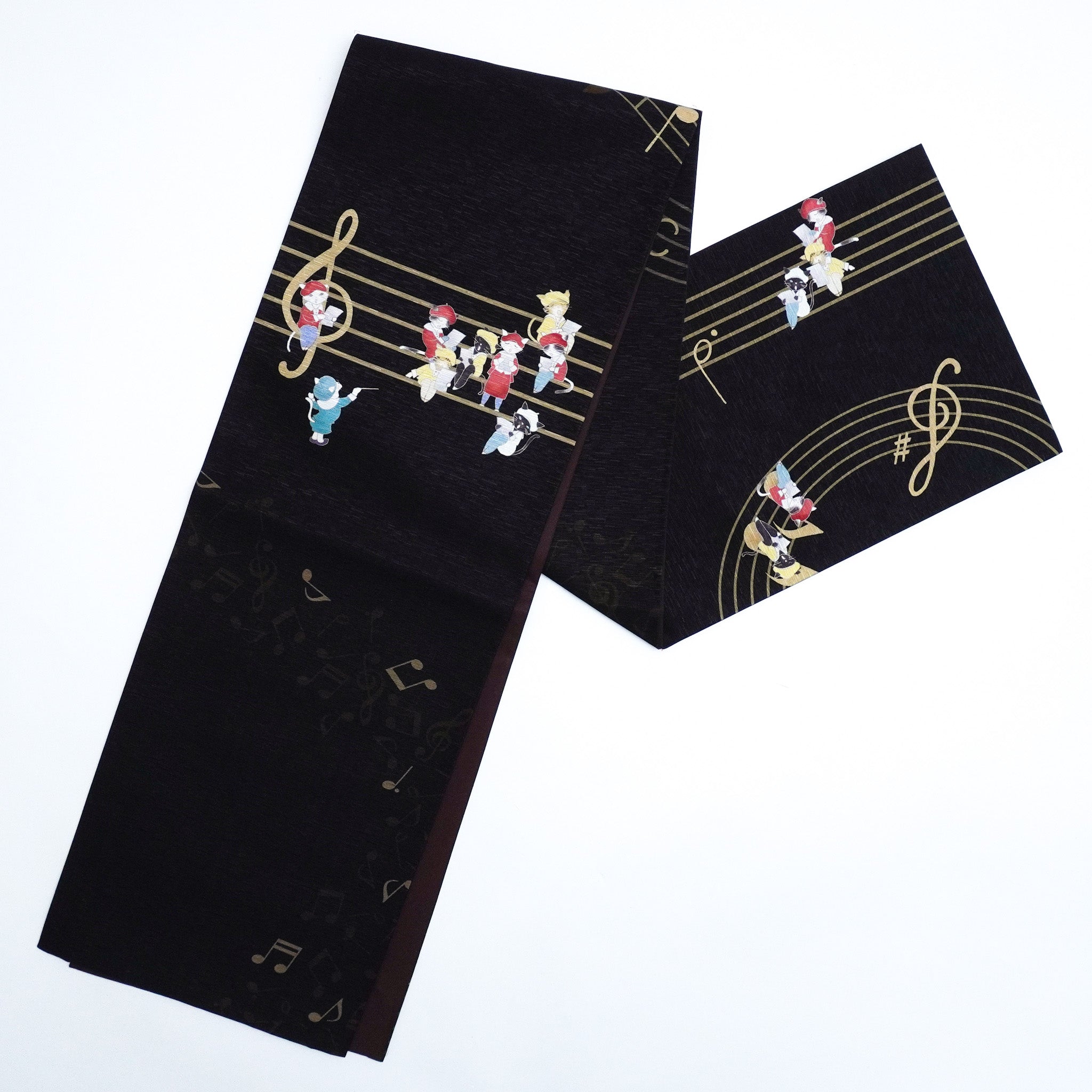 京袋帯 Let’s Sing(黒)|猫の合唱団|前柄アレンジ|サイズ:長さ約375cm幅約31cm|素材:表地 絹100%裏地 絹綿混|生産:日本