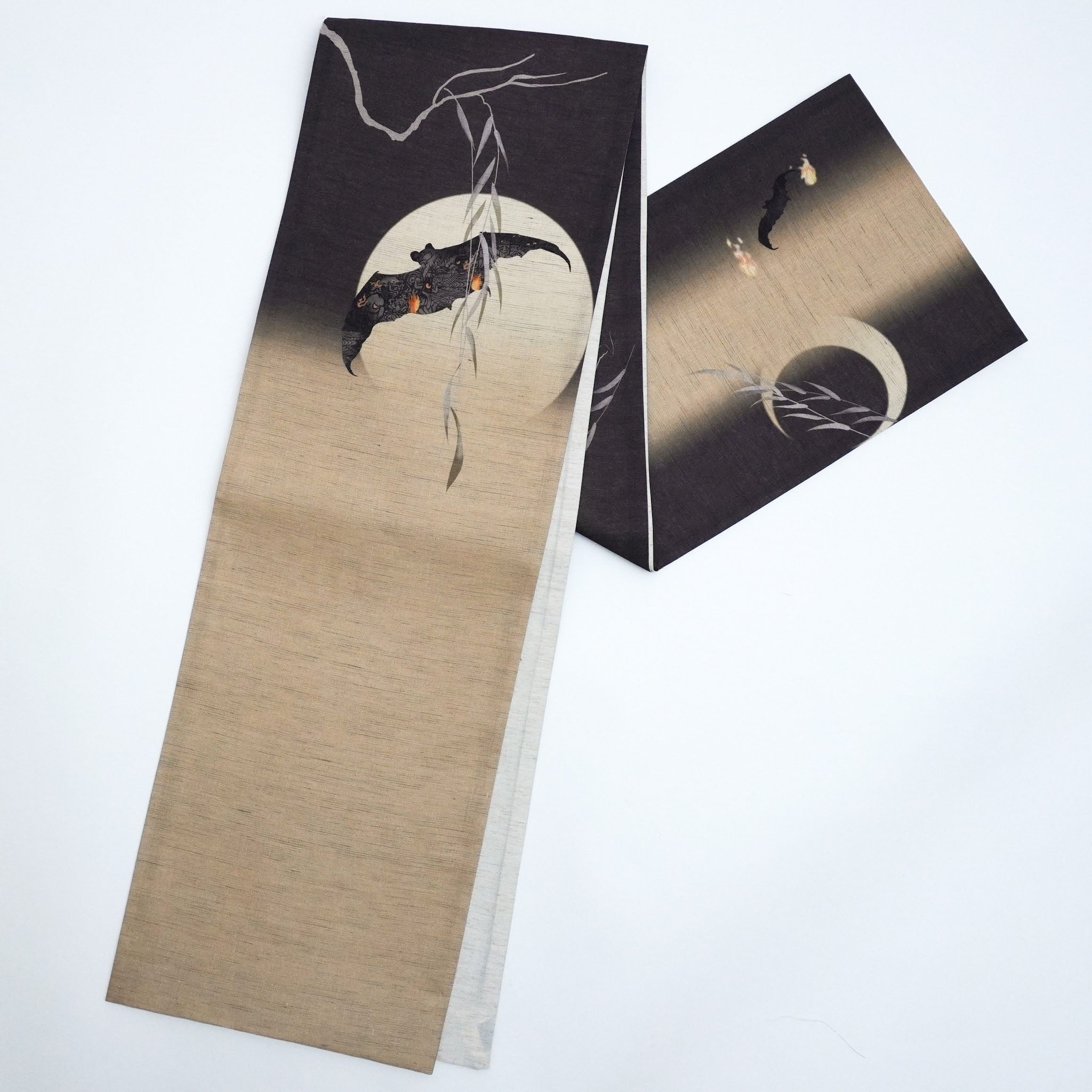 麻京袋帯 鬼火(墨色)|前柄アレンジ|サイズ:長さ約375cm幅約31cm|素材:表地 近江の麻100%