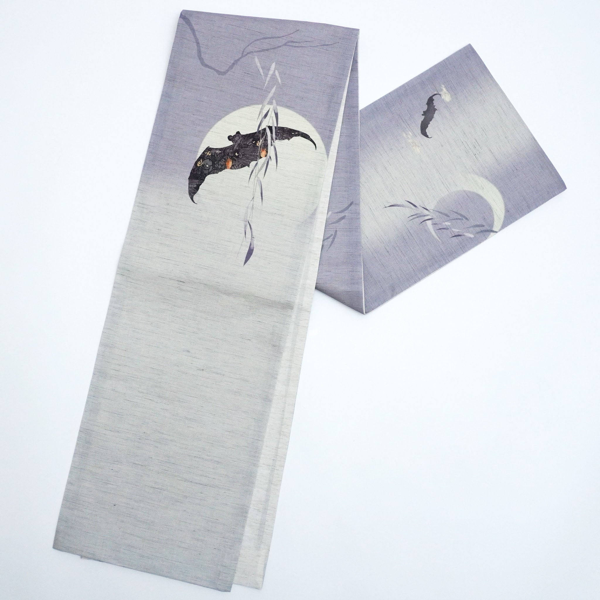 麻京袋帯 鬼火(薄ねず)|前柄アレンジ|サイズ:長さ約375cm幅約31cm|素材:表地 近江の麻100%