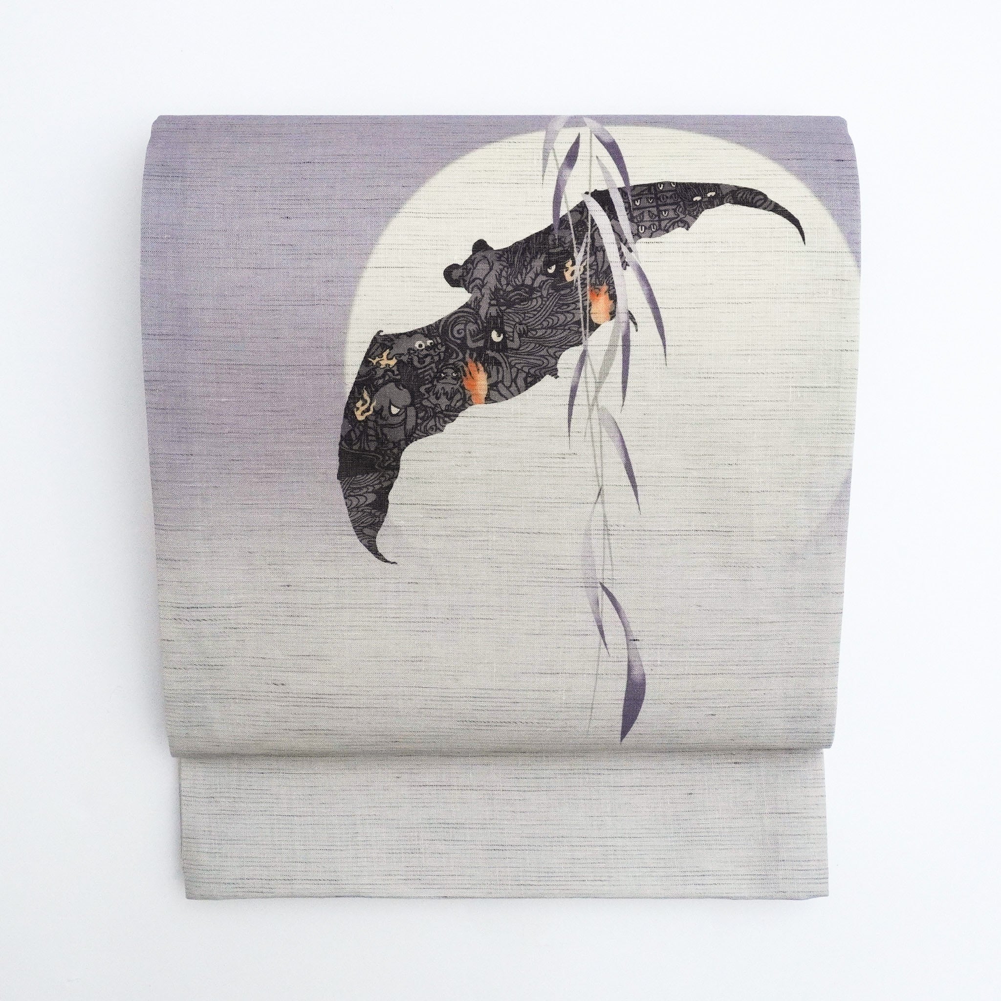 麻京袋帯 鬼火(薄ねず)|前柄アレンジ|サイズ:長さ約375cm幅約31cm|素材:表地 近江の麻100%