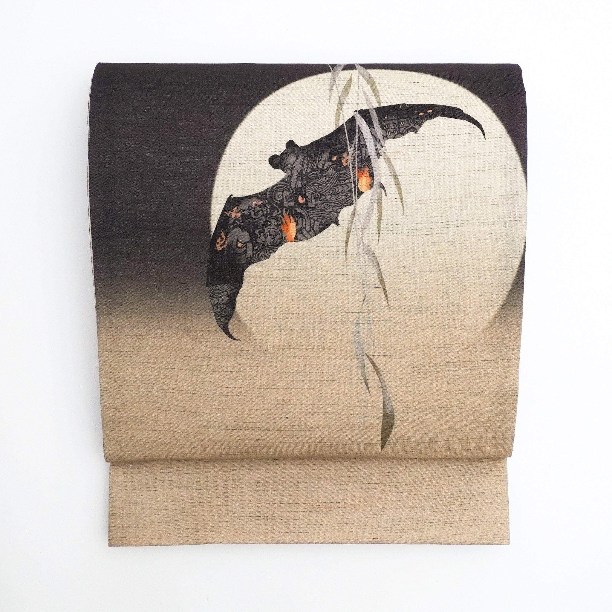 麻京袋帯 鬼火(墨色)|前柄アレンジ|サイズ:長さ約375cm幅約31cm|素材:表地 近江の麻100%