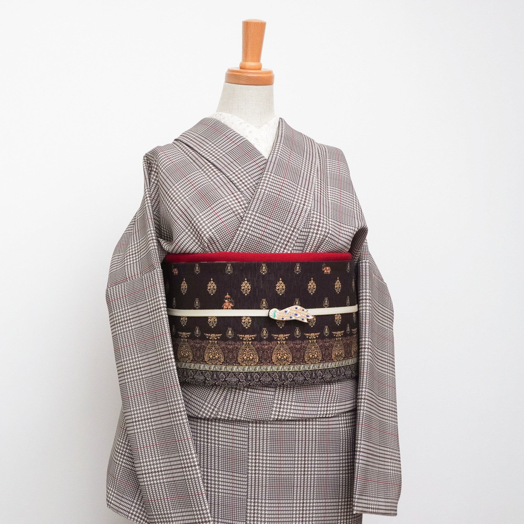 半巾帯 孔雀王(ベージュ)|更紗花|正絹リバーシブル|浴衣|夏着物|帯|長さ約425cm幅約16.5cm|素材:絹100%|生産:日本