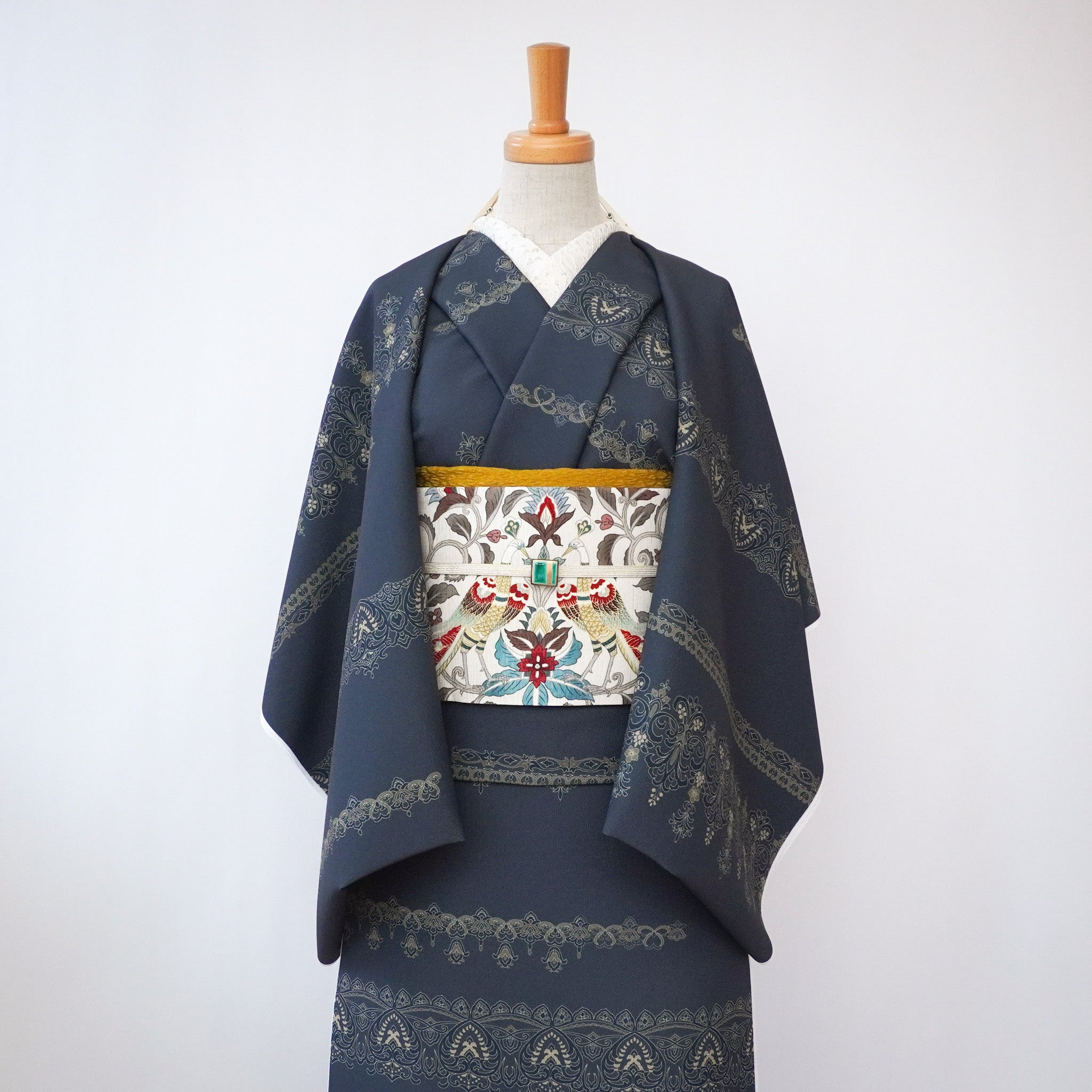半巾帯 孔雀王(ベージュ)|更紗花|正絹リバーシブル|浴衣|夏着物|帯|長さ約425cm幅約16.5cm|素材:絹100%|生産:日本