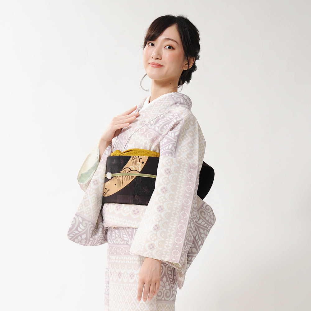 京袋帯 月とスッポン(チャコール)|前柄アレンジ|サイズ:長さ約375cm幅約31cm|素材:表地 絹100%裏地 絹綿混|生産:日本