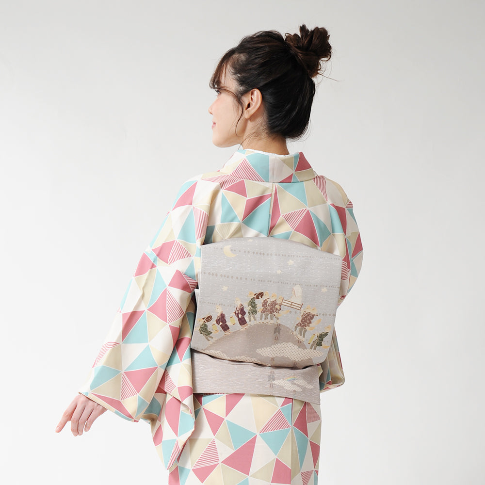 京袋帯 狐の嫁入り(グレー)|前柄アレンジ|サイズ:長さ約375cm幅約31cm|素材:表地 絹100%裏地 絹綿混|生産:日本