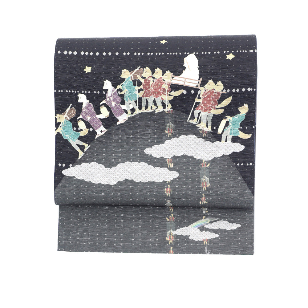 京袋帯 狐の嫁入り(黒)|前柄アレンジ|サイズ:長さ約375cm幅約31cm|素材:表地 絹100%裏地 絹綿混|生産:日本