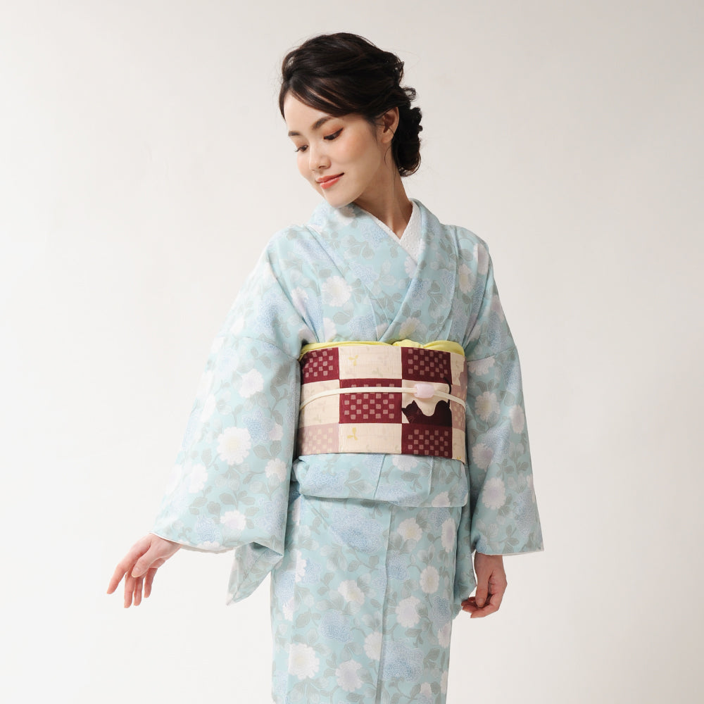 京袋帯 恋の行方(ピンク)|猫|前柄アレンジ|サイズ:長さ約375cm幅約31cm|素材:表地 絹100%裏地 絹綿混|生産:日本