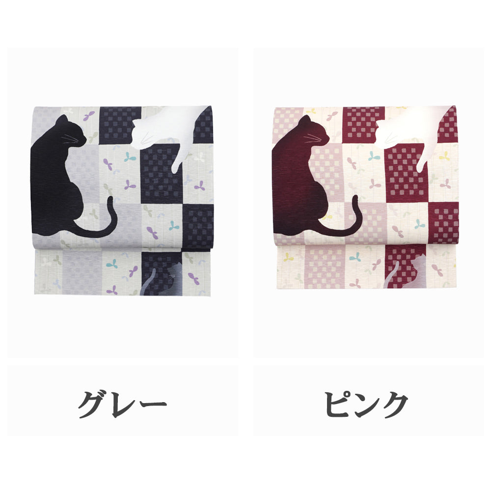 京袋帯 恋の行方|猫|前柄アレンジ|サイズ:長さ約375cm幅約31cm|素材:表地 絹100%裏地 絹綿混|生産:日本