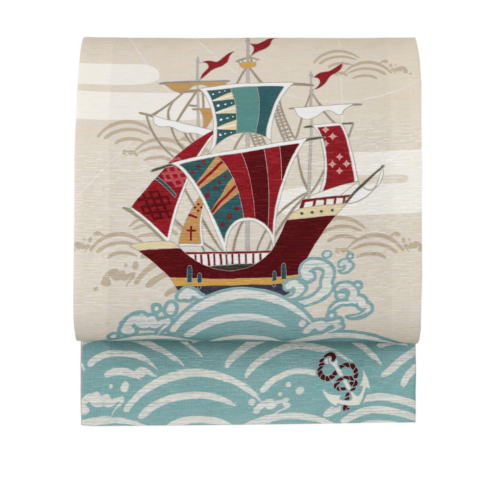 京袋帯 大航海(ベージュ)|帆船|前柄アレンジ|サイズ:長さ約375cm幅約31cm|素材:表地 絹100%裏地 絹綿混|生産:日本
