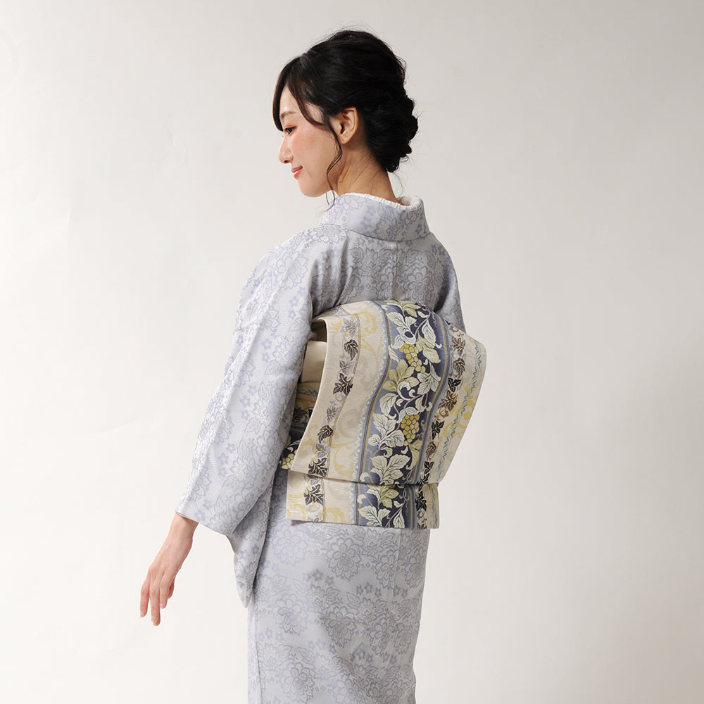 京袋帯 葡萄更紗(クリーム)|前柄アレンジ|サイズ:長さ約375cm幅約31cm|素材:表地 絹100%裏地 絹綿混|生産:日本