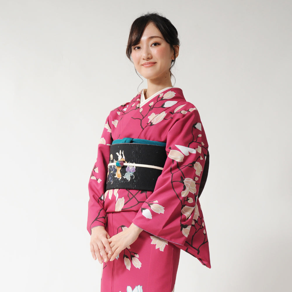 京袋帯 ええじゃないか(黒)|猫|ねずみ|うさぎ|前柄アレンジ|サイズ:長さ約375cm幅約31cm|素材:表地 絹100%裏地 絹綿混|生産:日本