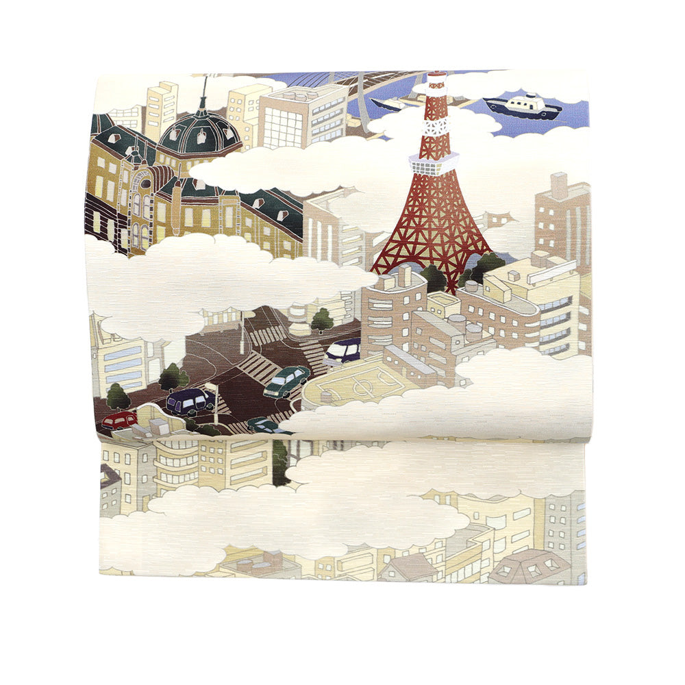 京袋帯 東京ドローン(ベージュ)|洛中洛外図|前柄アレンジ|サイズ:長さ約375cm幅約31cm|素材:表地 絹100%裏地 絹綿混|生産:日本