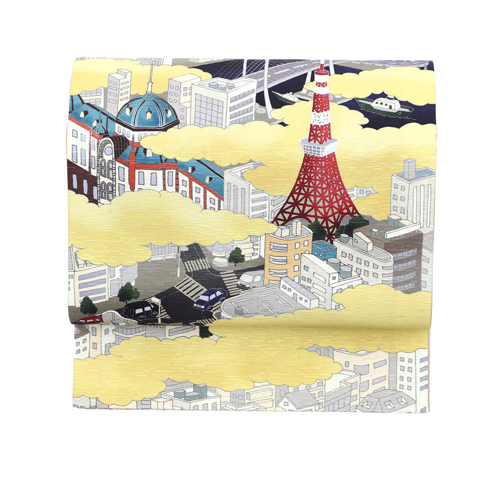 京袋帯 東京ドローン(金雲)|洛中洛外図|前柄アレンジ|サイズ:長さ約375cm幅約31cm|素材:表地 絹100%裏地 絹綿混|生産:日本