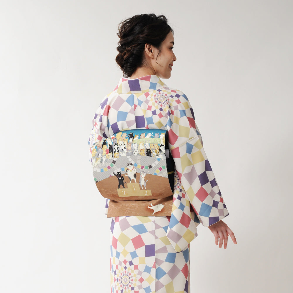 京袋帯 ニャンバーワン(ブルー)|猫|前柄アレンジ|サイズ:長さ約375cm幅約31cm|素材:表地 絹100%裏地 絹綿混|生産:日本