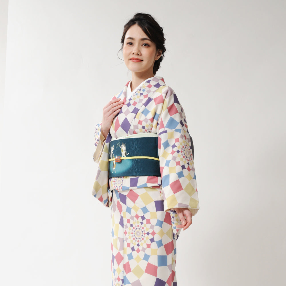 京袋帯 ニャンバーワン(ブルー)|猫|前柄アレンジ|サイズ:長さ約375cm幅約31cm|素材:表地 絹100%裏地 絹綿混|生産:日本