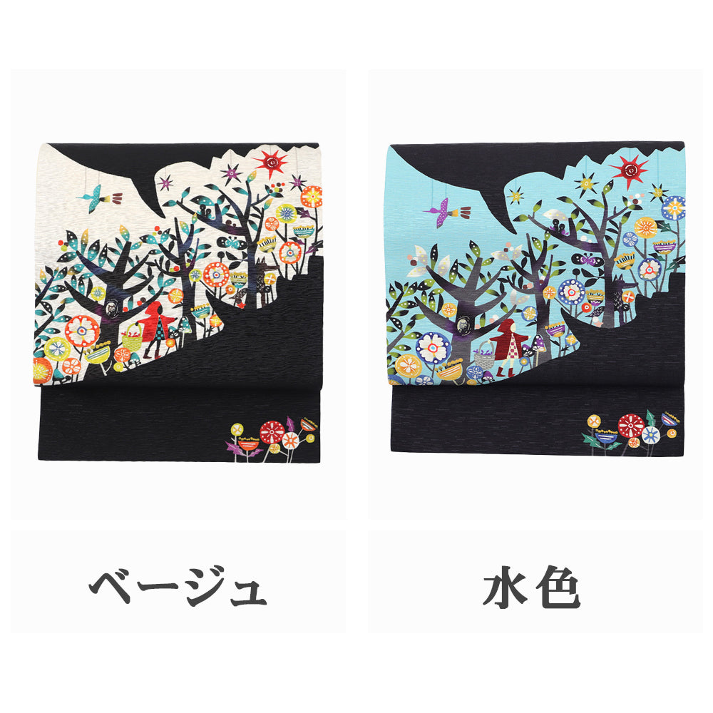 京袋帯 キャ~!!|赤ずきんちゃん|前柄アレンジ|サイズ:長さ約375cm幅約31cm|素材:表地 絹100%裏地 絹綿混|生産:日本