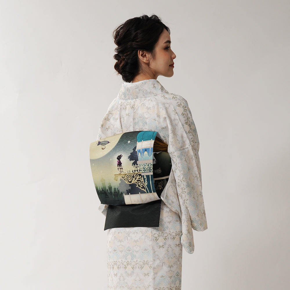 京袋帯 天空の城(モスグリーン)|前柄アレンジ|サイズ:長さ約375cm幅約31cm|素材:表地 絹100%裏地 絹綿混|生産:日本