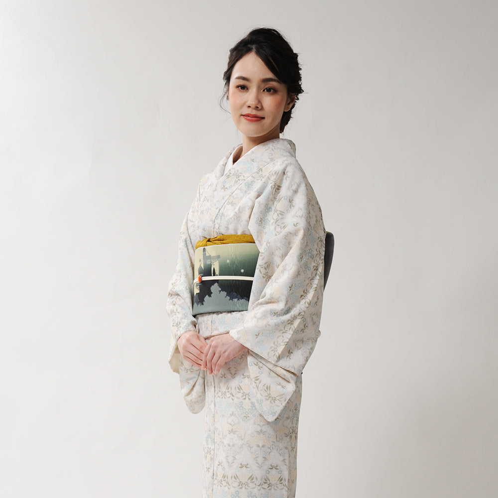 京袋帯 天空の城(モスグリーン)|前柄アレンジ|サイズ:長さ約375cm幅約31cm|素材:表地 絹100%裏地 絹綿混|生産:日本