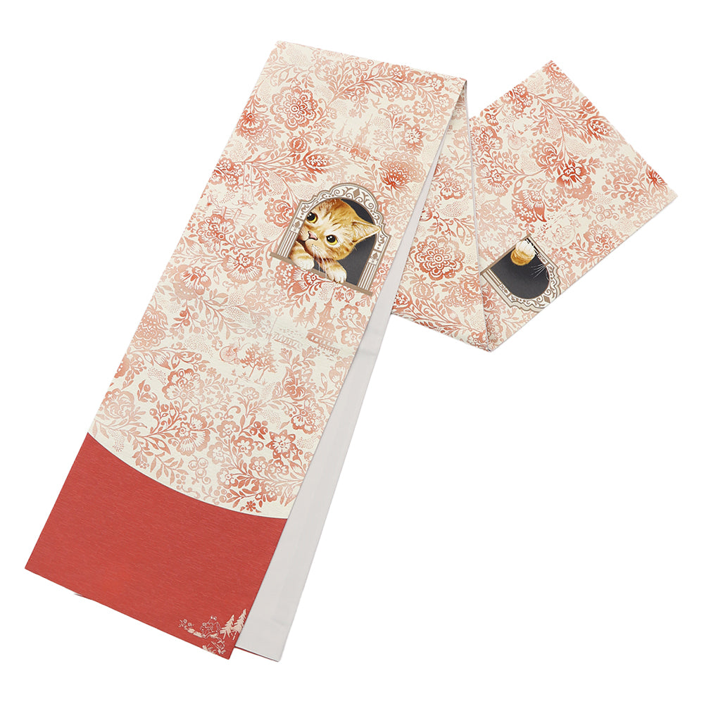 京袋帯 こんにちは(ベージュ)|子猫|前柄アレンジ|サイズ:長さ約375cm幅約31cm|素材:表地 絹100%裏地 絹綿混|生産:日本