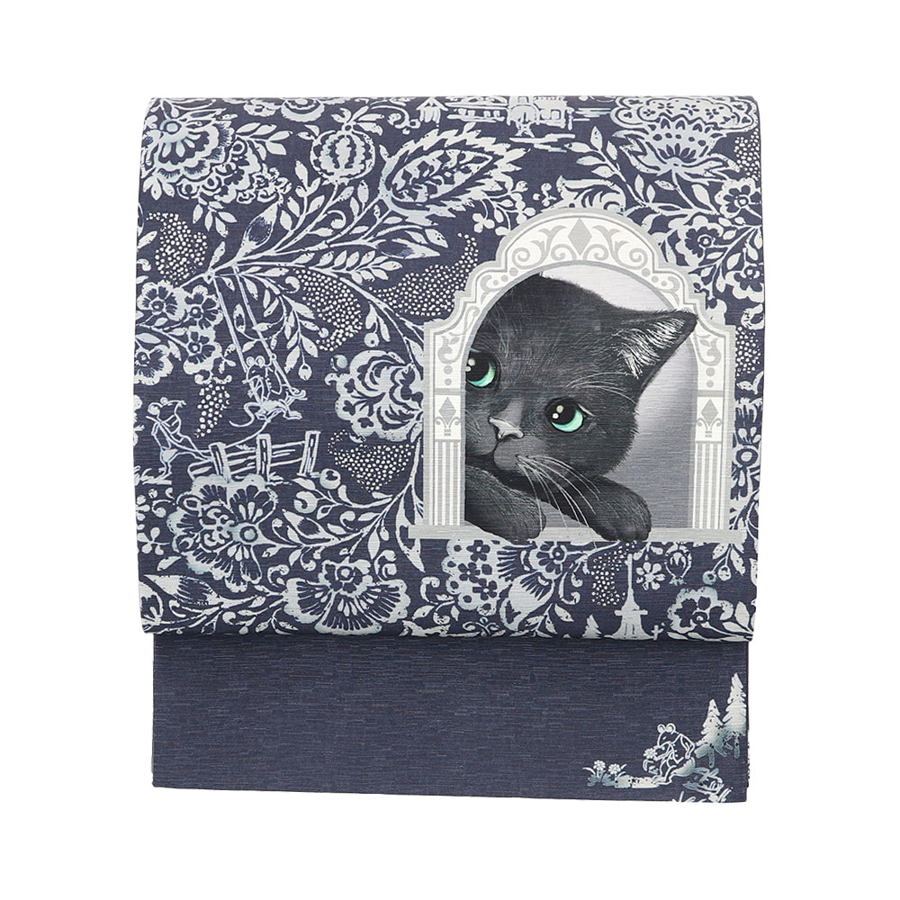 京袋帯 こんにちは(紺)|子猫|前柄アレンジ|サイズ:長さ約375cm幅約31cm|素材:表地 絹100%裏地 絹綿混|生産:日本