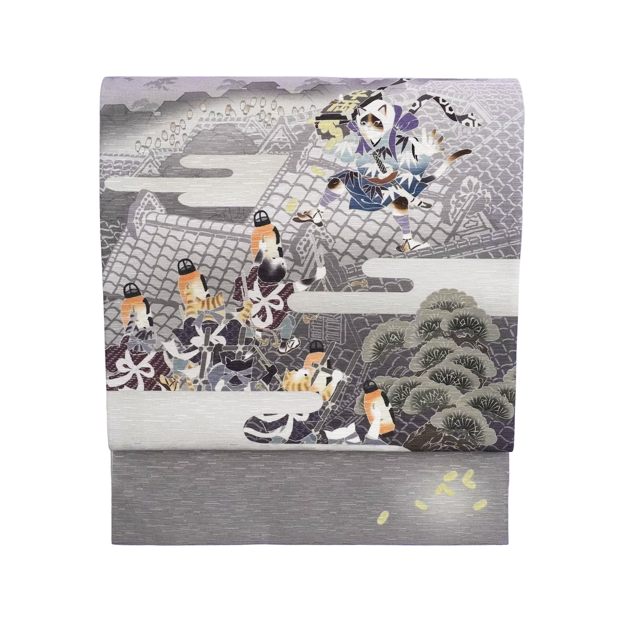 京袋帯 ねずみ小僧(白ねず)|猫|前柄アレンジ|サイズ:長さ約375cm幅約31cm|素材:表地 絹100%裏地 絹綿混|生産:日本