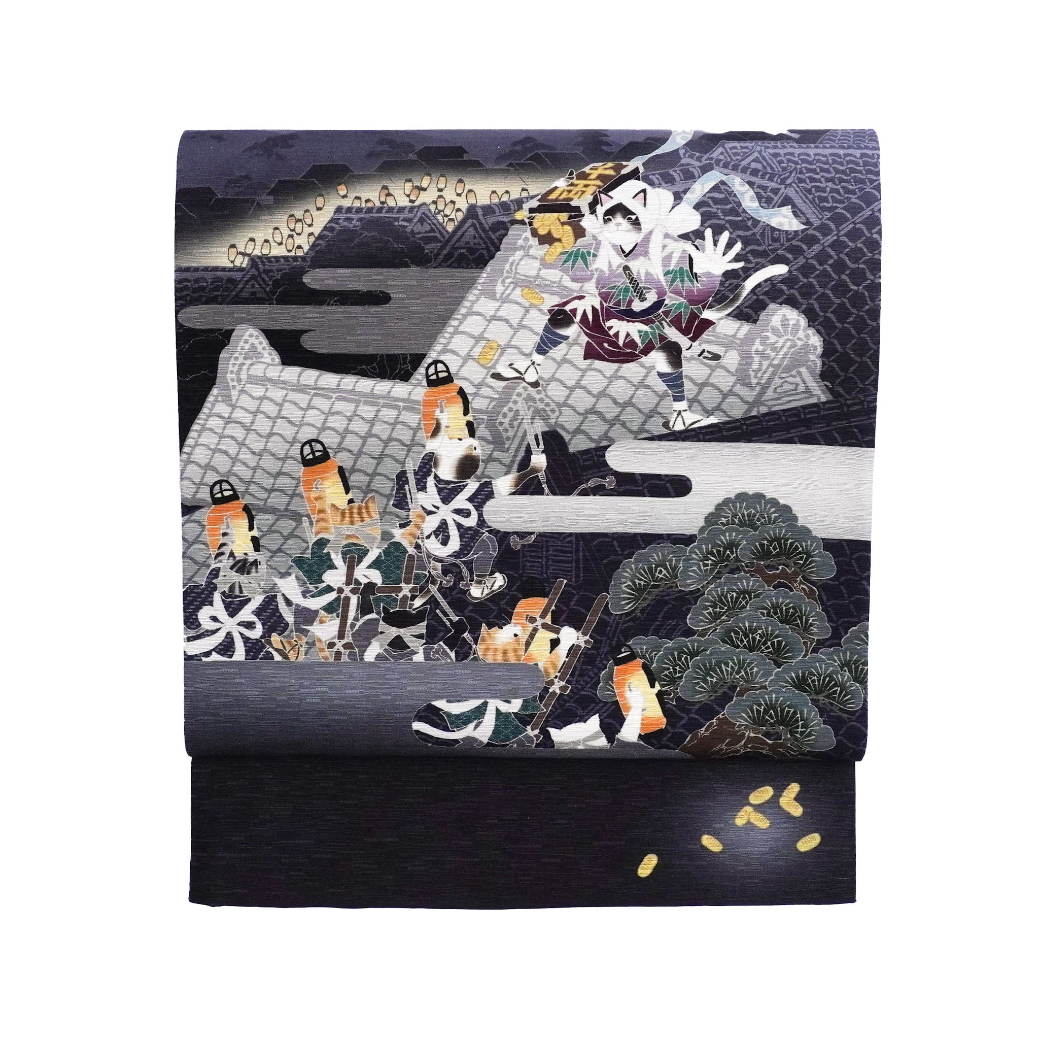 京袋帯 ねずみ小僧(青ねず)|猫|前柄アレンジ|サイズ:長さ約375cm幅約31cm|素材:表地 絹100%裏地 絹綿混|生産:日本