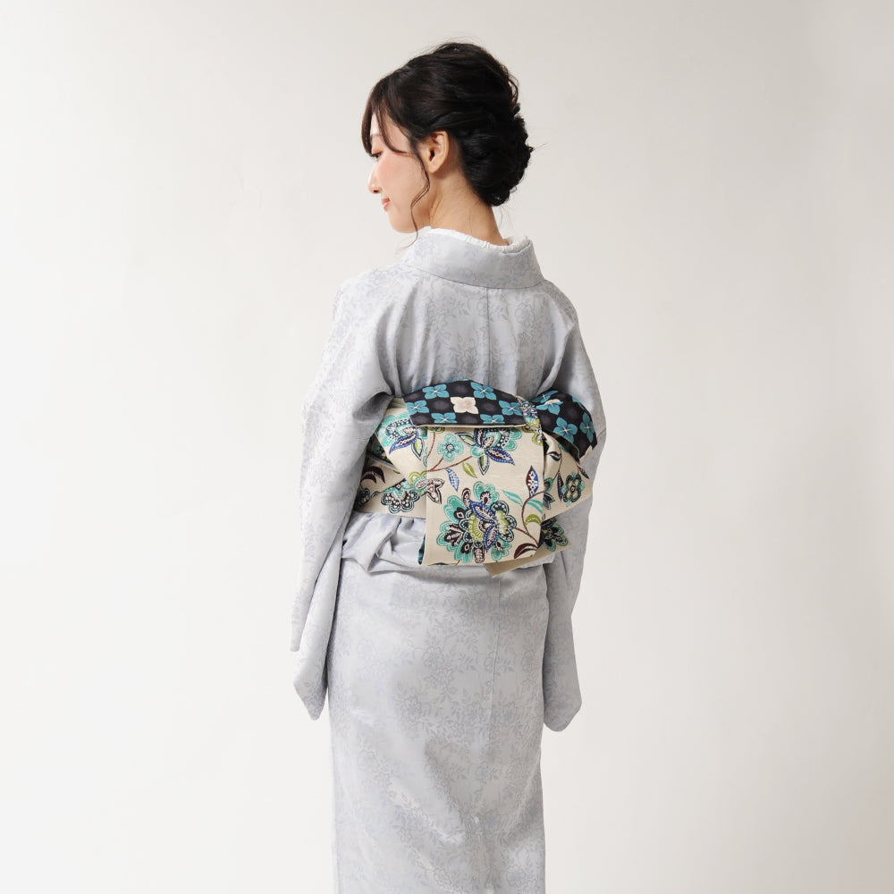 半巾帯 ジャワの風(ベージュ)|花更紗|正絹リバーシブル|浴衣|夏着物|帯|長さ約425cm幅約16.5cm|素材:絹100%|生産:日本