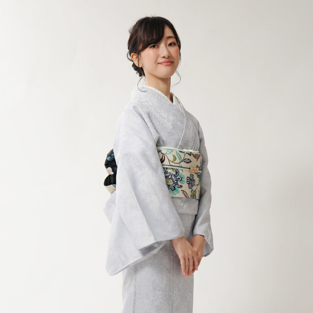 半巾帯 ジャワの風(ベージュ)|花更紗|正絹リバーシブル|浴衣|夏着物|帯|長さ約425cm幅約16.5cm|素材:絹100%|生産:日本