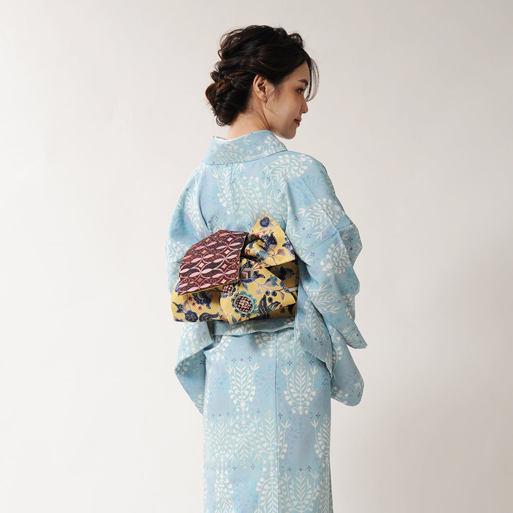 半巾帯 妖精の森(黄色)|更紗|正絹リバーシブル|浴衣|夏着物|帯|長さ約425cm幅約16.5cm|素材:絹100%|生産:日本