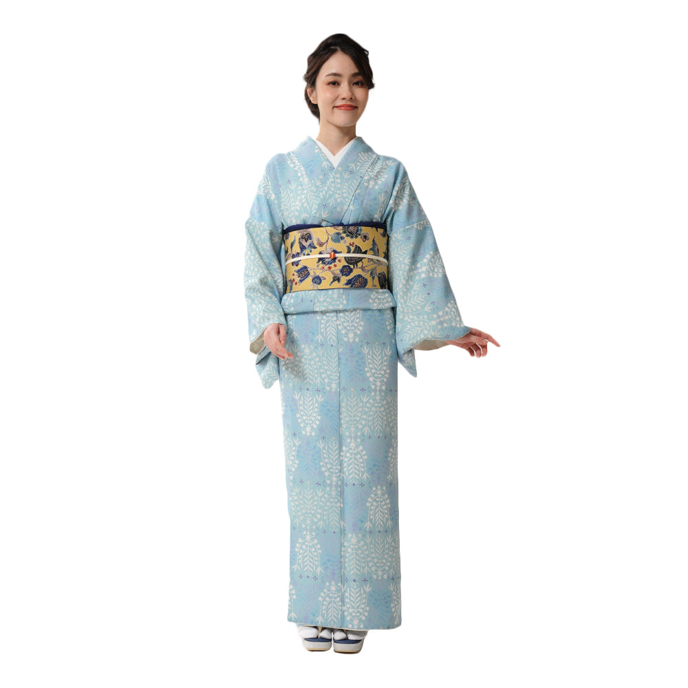 半巾帯 妖精の森(黄色)|更紗|正絹リバーシブル|浴衣|夏着物|帯|長さ約425cm幅約16.5cm|素材:絹100%|生産:日本