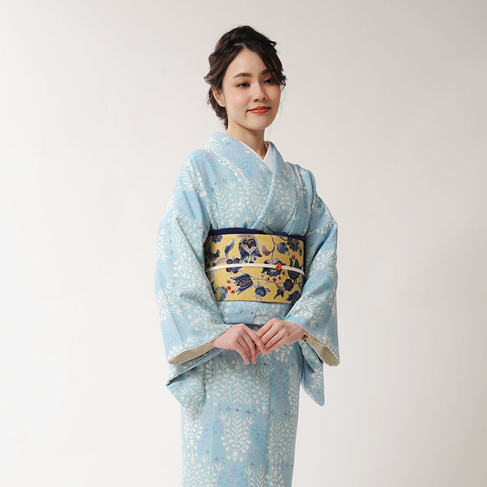 半巾帯 妖精の森(黄色)|更紗|正絹リバーシブル|浴衣|夏着物|帯|長さ約425cm幅約16.5cm|素材:絹100%|生産:日本