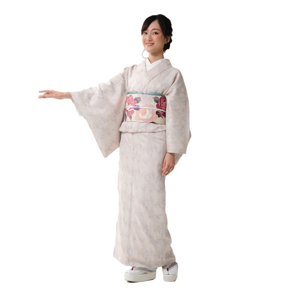半巾帯 乙女の庭(ピンク)|かすみ草|野ばら|正絹リバーシブル|浴衣|夏着物|帯|長さ約425cm幅約16.5cm|素材:絹100%|生産:日本