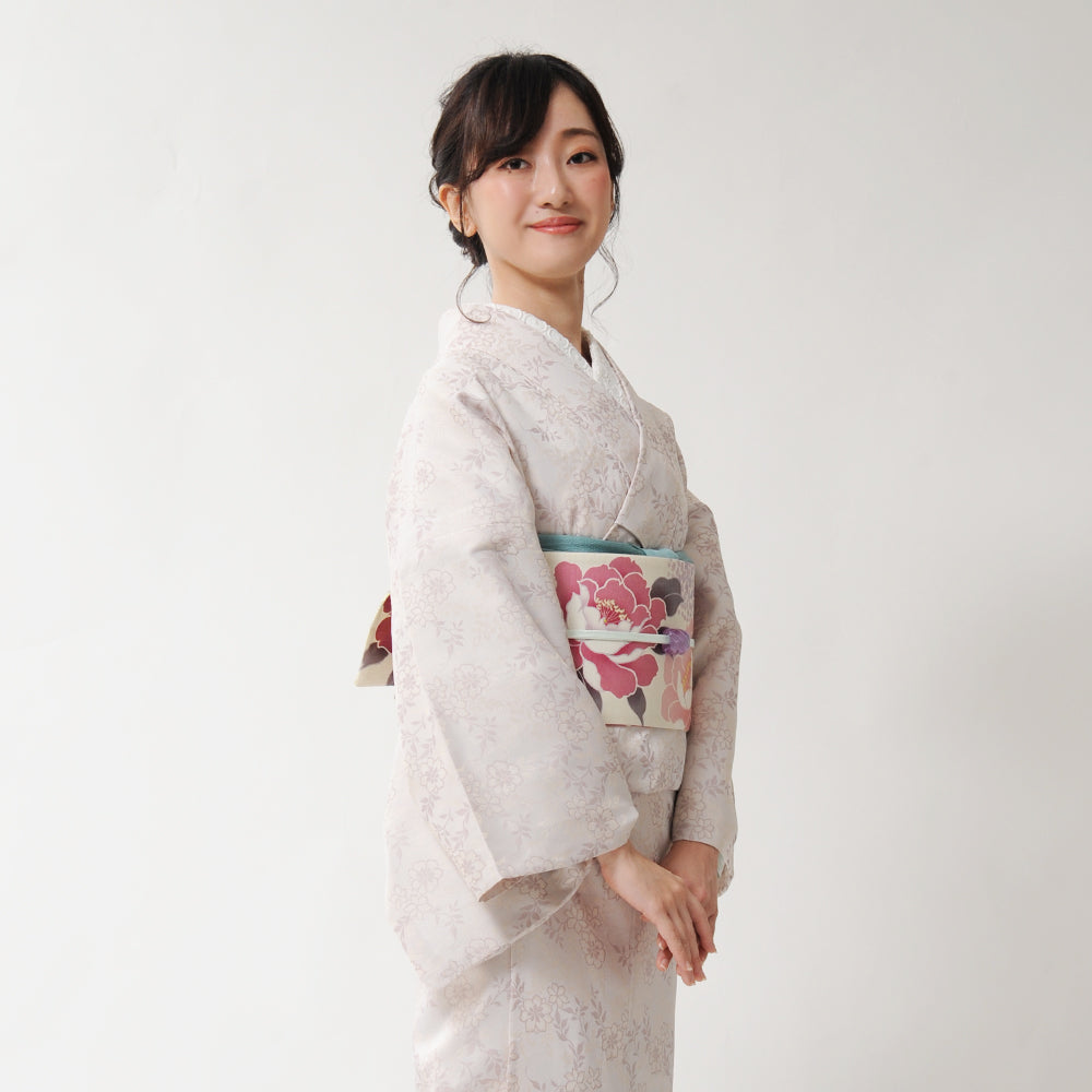 半巾帯 乙女の庭(ピンク)|かすみ草|野ばら|正絹リバーシブル|浴衣|夏着物|帯|長さ約425cm幅約16.5cm|素材:絹100%|生産:日本