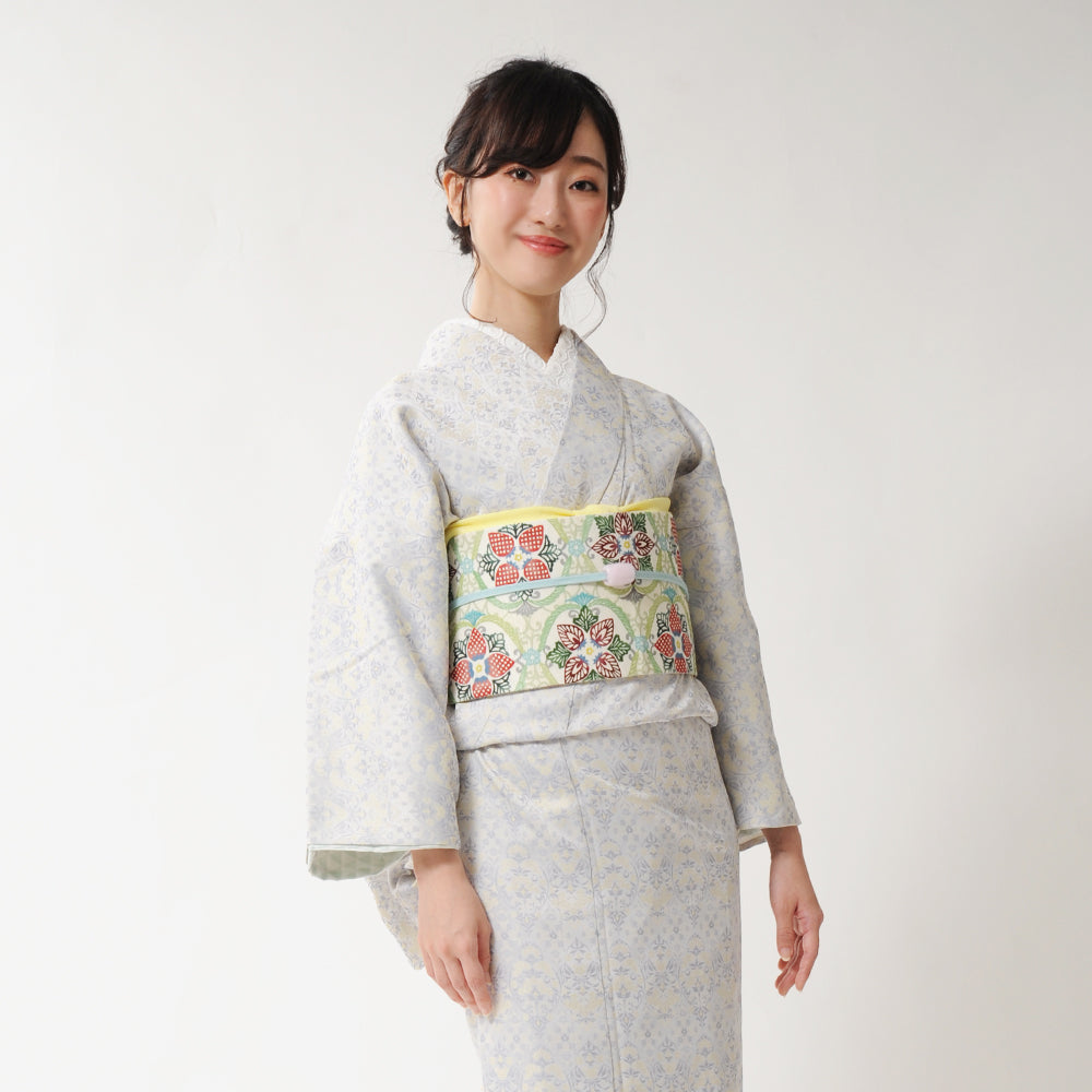 半巾帯 苺一会(薄ひわ)|正絹リバーシブル|浴衣|夏着物|帯|長さ約425cm幅約16.5cm|素材:絹100%|生産:日本