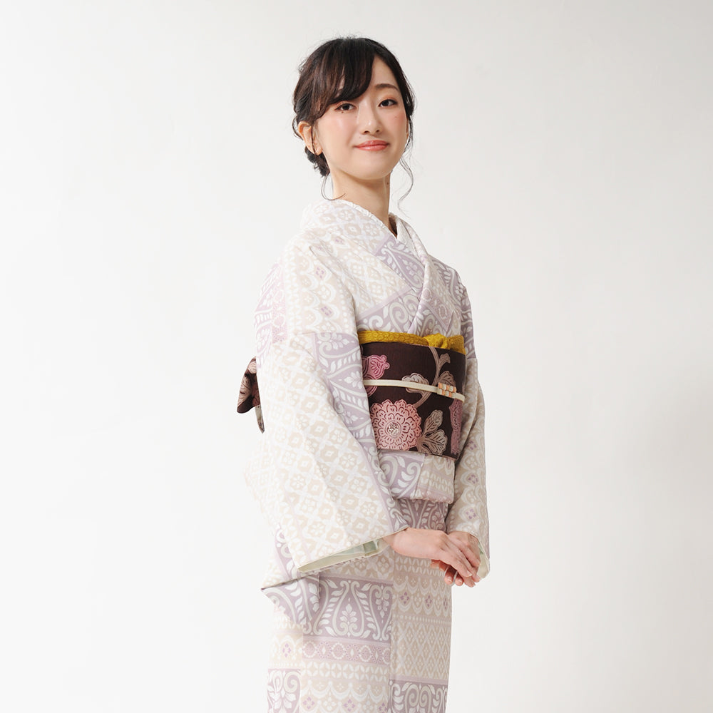半巾帯 更紗手帖(こげ茶)|正絹リバーシブル|浴衣|夏着物|帯|長さ約425cm幅約16.5cm|素材:絹100%|生産:日本