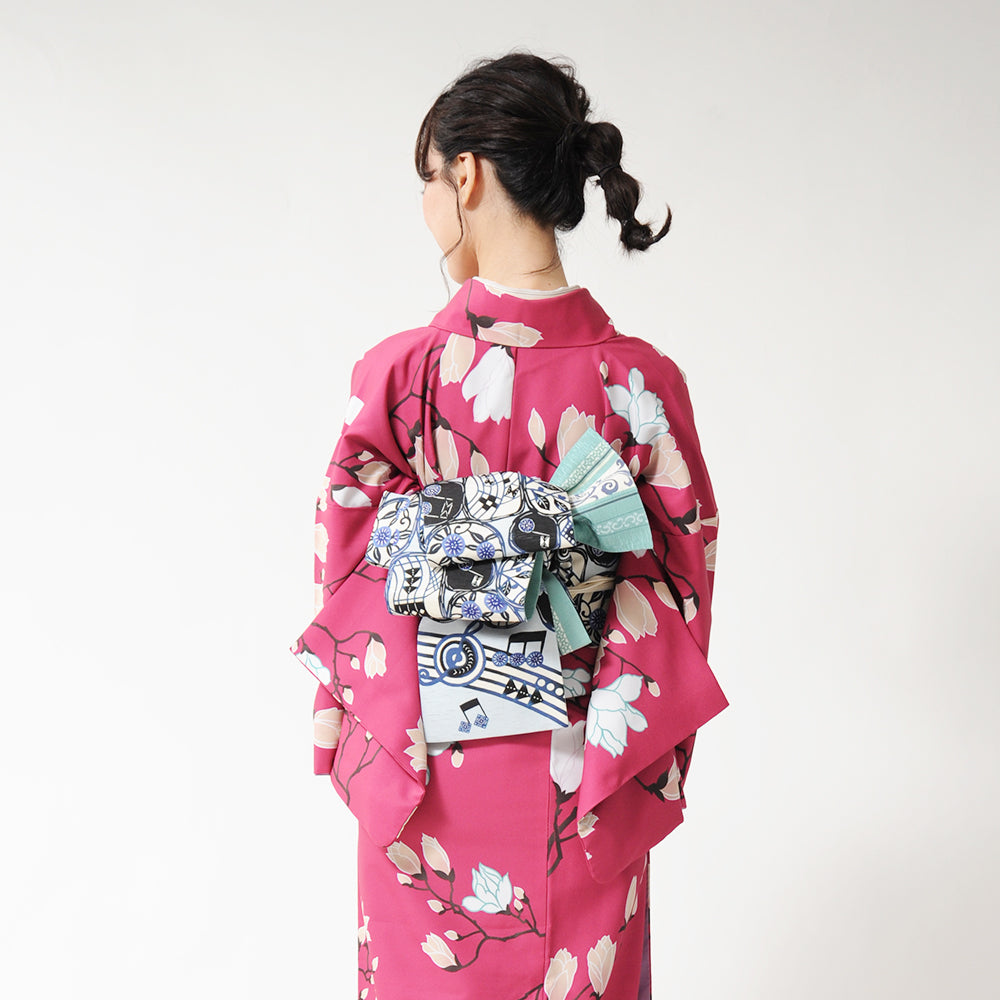 半巾帯 WAになって踊ろう(紺)|音符|唐草|正絹リバーシブル|浴衣|夏着物|帯|長さ約425cm幅約16.5cm|素材:絹100%|生産:日本